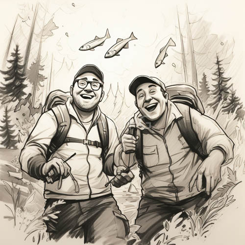 High Resolution: Rugged Hikers Trek through Dense Forest Canopy with Fishing Rods download. | HRJPG.com