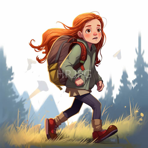 rapidly moving young girl through dense pine forest with filtered sunlight