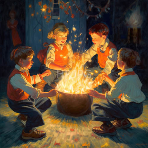youthful boys gather around lively outdoor bonfires in a moonlit meadow