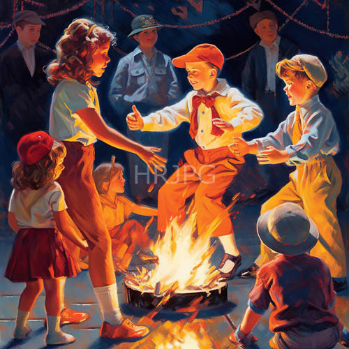 campfire gathering under starfilled night sky with flickering string lights and warmth