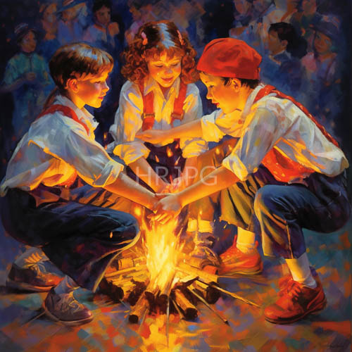 High Resolution: Flickering campfire light dances across childrens faces in a serene forest setting download. | HRJPG.com