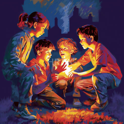 campfire illuminates faces of young friends under starry night sky
