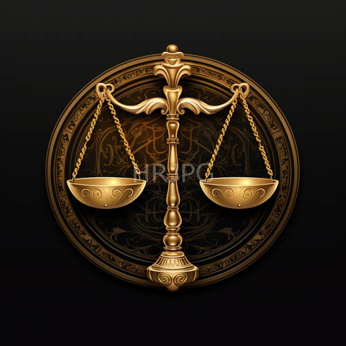 balance scales sit before dark circular background patterns