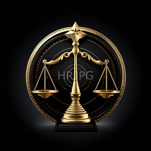 ornate balance scales suspended against inky blackness with gilded accents