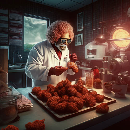 scientists peer at fried dough in industrial laboratory setting with dim lighting
