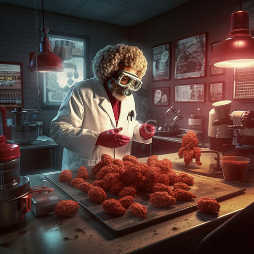 curlyhaired scientist prepares crumbly meatballs in industrial kitchen laboratory