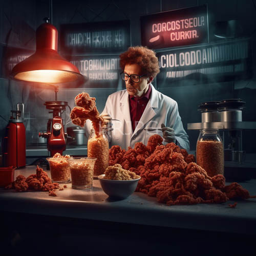 mysterious scientist amidst cluttered counter with textured sausage and industrial lighting