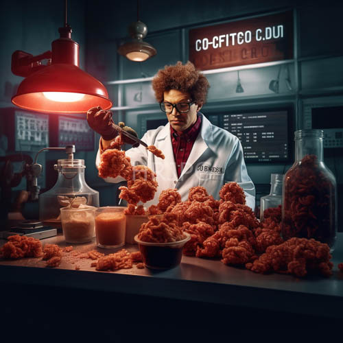 men in lab coats craft crispy treats under red industrial lamp glow on worn wooden counter