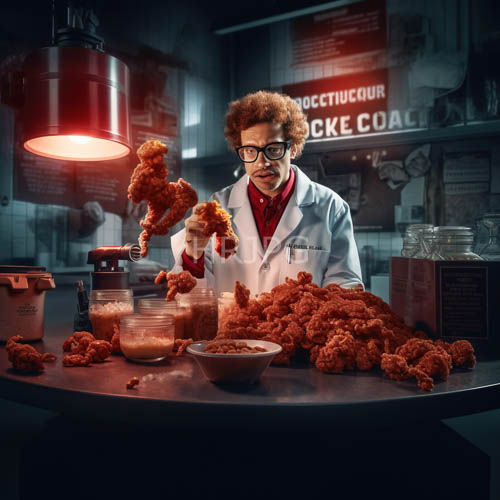 eccentric scientist amidst industrial kitchen chaos with clutter and crickets
