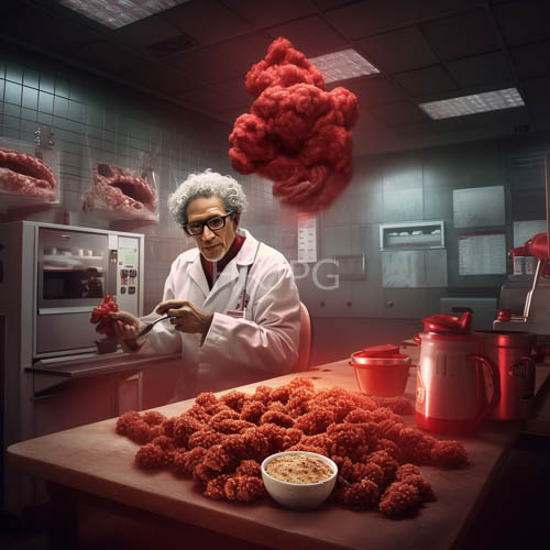 elderly scientist examines textured red clumps on wooden research table