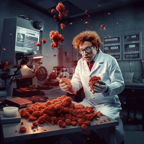eccentric scientist amidst dimly lit laboratory amidst floating reddish orange gelatinous blobs