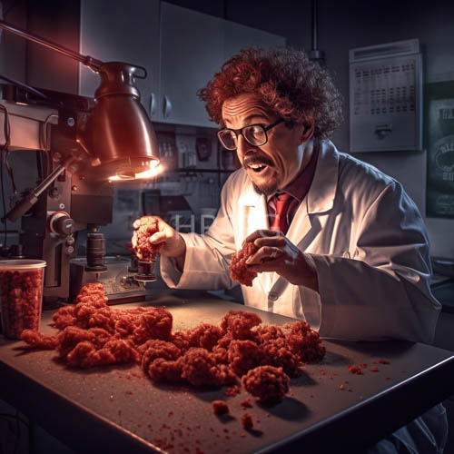 eccentric scientist dominates industrial laboratory with focused examination of meatballs under glowing instrument