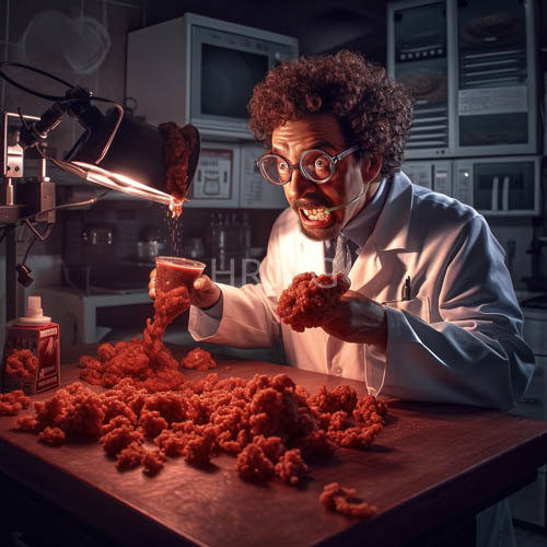 meat scientist at work in industrial kitchen laboratory with faint overhead lighting