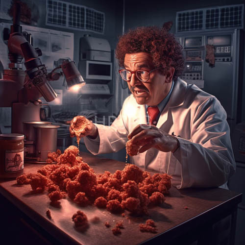 africanamerican men with curly hair and glasses in lab coats around equipment in kitchenlike setting with focused light