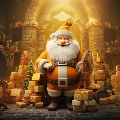 santa claus surveys the ornate stone room amidst a sea of colorful presents and vibrant christmas decorations