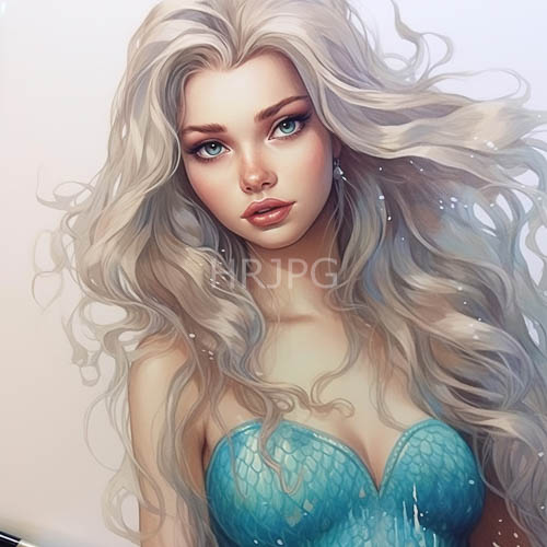 High Resolution: Silver Hair Silhouettes Cascade Down PorcelainLike Faces Shimmering Turquoise Scales Unfold Against Pristine White download. | HRJPG.com