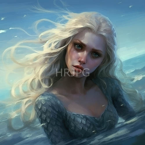 aquatic mermaid emerges from crystalclear water with disheveled white hair and piercing blue eyes
