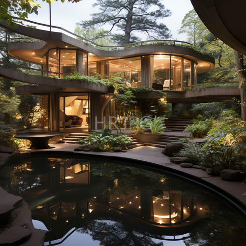 lush greenery encases modern twostory house with curved glass walls and wooden accents