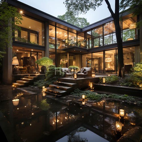 modern house water features dance candlelit lanterns surrounding lush greenery
