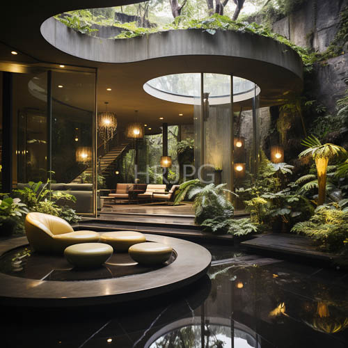 sophisticated modern indoor garden lounge with elegant curved architecture and lush greenery integration