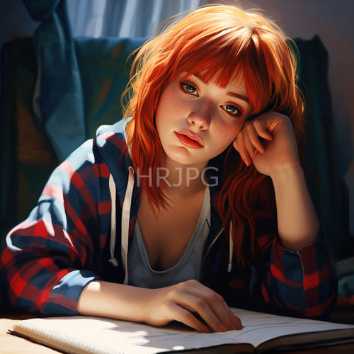 morning light illuminates freckled cheeks and vibrant red hair at a worn wooden table