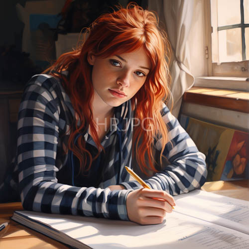 fiery red hair cascades down worn wooden table in sunlit room with yellow pencil
