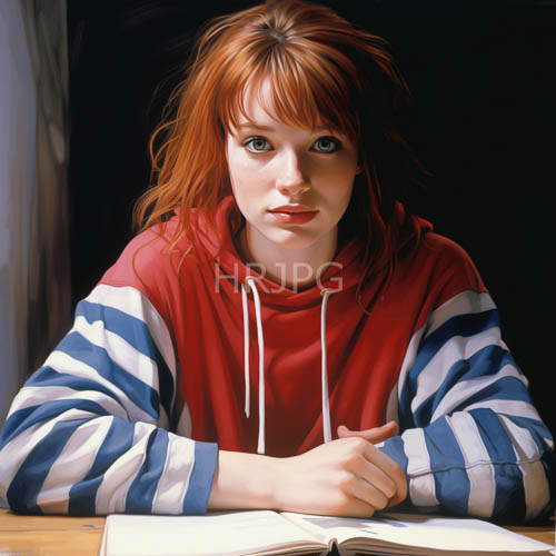 High Resolution: Fiery Red Locks Framed by Worn Wooden Table and Softly Lit Morning Light download. | HRJPG.com