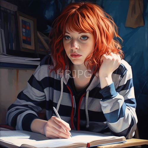 wavy red hair against dim monochromatic study with striped hoodie