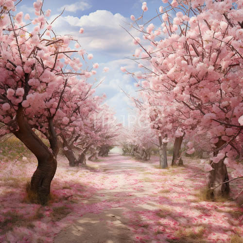 cherry blossoms bloom along winding dirt paths under blue skies
