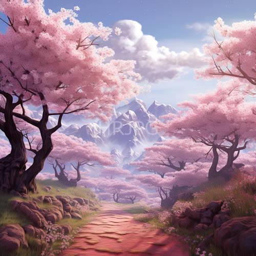 pink cherry blossoms sway delicately on gnarled trunks amidst clear blue skies and weathered stone