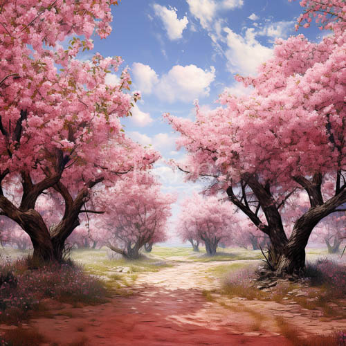 High Resolution: Vibrant pink cherry blossoms cascade down delicate petals unfolding like intricate paper cutouts amidst lush foliage and winding path download. | HRJPG.com