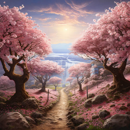 vibrant hues dance across enchanting landscape of cherry trees and lush foliage