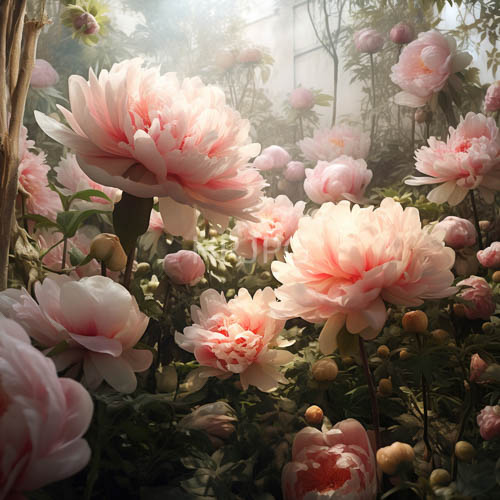 mystical phenomenon of delicate peonies unfurl in synchrony amidst lush verdure