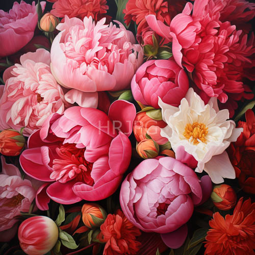 High Resolution: Densely packed crimson peonies unfurl across lush garden scenery download. | HRJPG.com