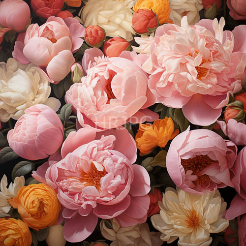 pink and white peonies amassed amidst intricate brushstrokes in a verdant composition