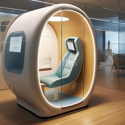 sleek minimalist room features futuristic podlike chair with glass panels and wooden interior