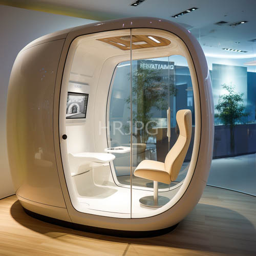 luminescent pods illuminate minimal offices with wooden floors and chairs