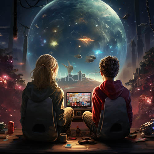 screens glow in dimly lit room displaying realistic scenery of two individuals