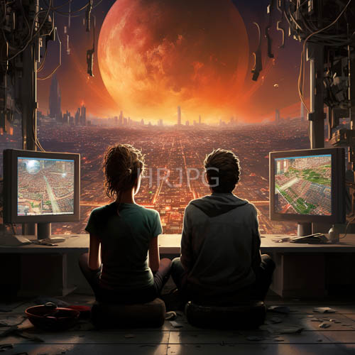 honey hued light washes over two figures against detailed cityscape maps
