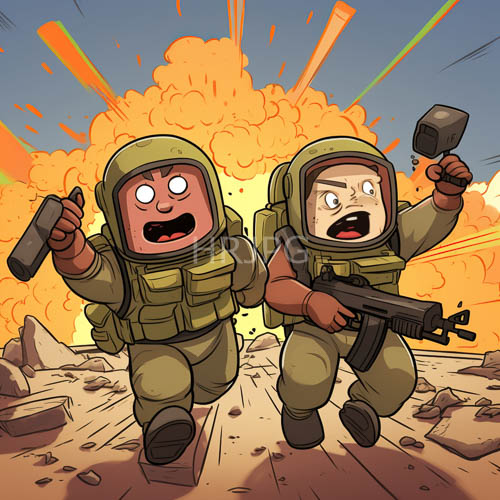 soldiers sprint through orange haze of burning terrain with tattered gear and grenades