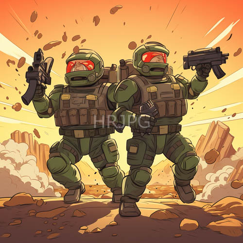 soldiers tactical maneuver across granite terrain amidst fading orange sunset