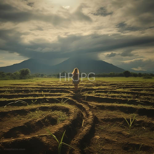 green fields surround slender figures in tawny crop fields