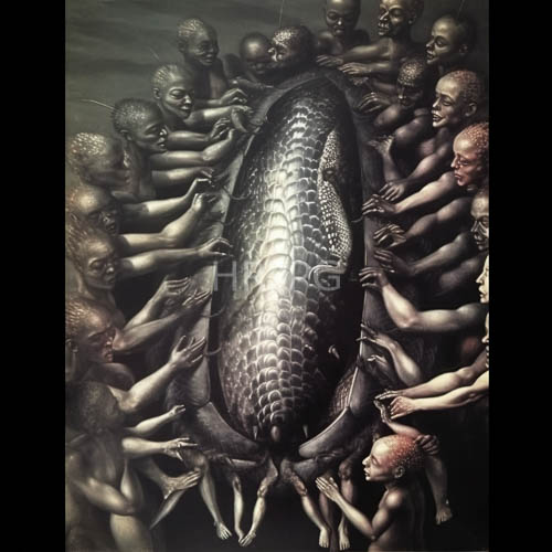colossal armored beetle surrounded by individuals with shaved heads and intricate patterns