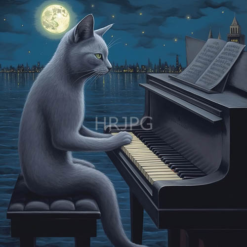 moonlit piano concert on a rippling lake amidst twinkling city lights