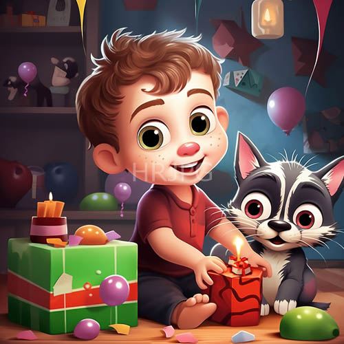freckled young boys with curly brown hair and large green eyes sit crosslegged on a wooden floor surrounded by colorful toys and birthday presents