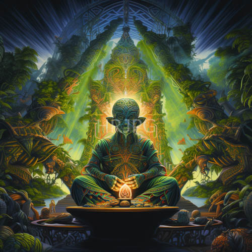High Resolution: Elflike figure meditates amidst mosscovered stone steps in an otherworldly setting download. | HRJPG.com