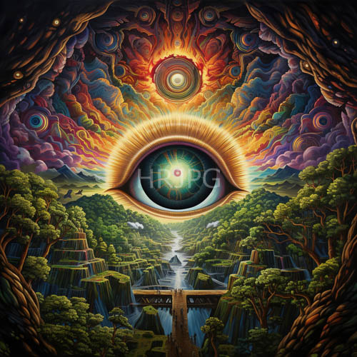 iridescent eyes reflect floating green orbs over distant mountain ranges