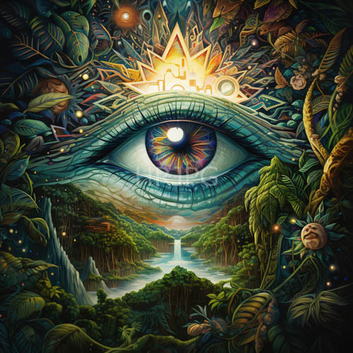 High Resolution: Iridescent eye patterns merge with greenery under soft light download. | HRJPG.com