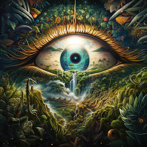 iridescent hues unfurl from eyelids surface amidst lush emerald foliage within surreal landscape
