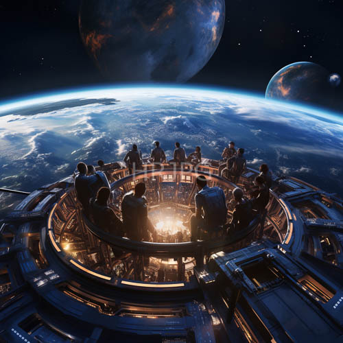 orbital space station metallic exterior angular corridors earthly atmosphere planetary vortex contrast